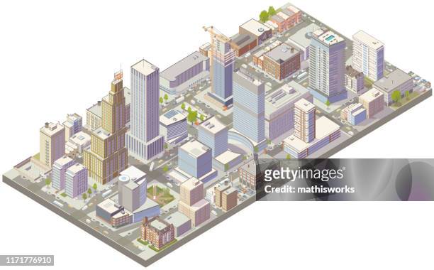 aerial isometric city downtown - downtown district stock illustrations