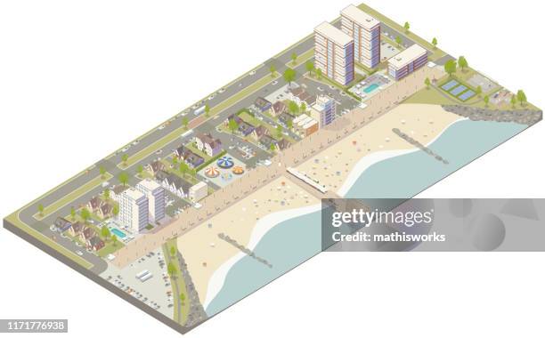 aerial isometric beach town - isometric town stock illustrations