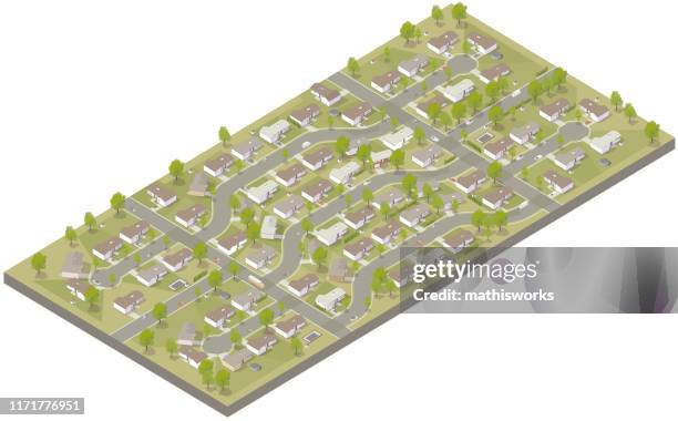 luftisometrische vorstadtentwicklung - suburban sprawl stock-grafiken, -clipart, -cartoons und -symbole