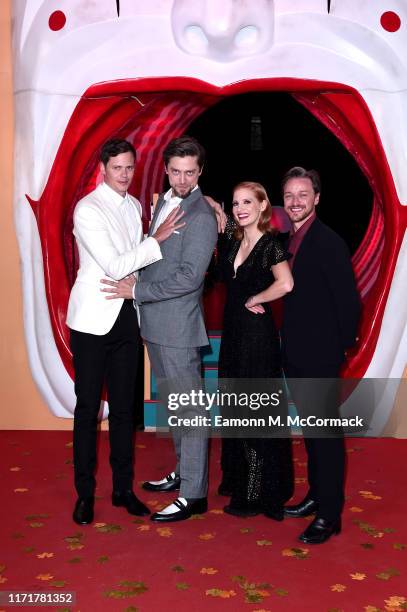 Bill Skarsgård, director Andy Muschietti, Jessica Chastain and James McAvoy attend the "IT Chapter Two" European Premiere at The Vaults on September...