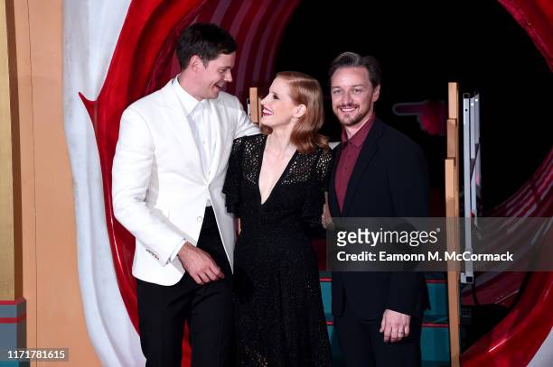 Bill Skarsgård, Jessica Chastain and James McAvoy attend the "IT Chapter Two" European Premiere at The Vaults on September 02, 2019 in London,...