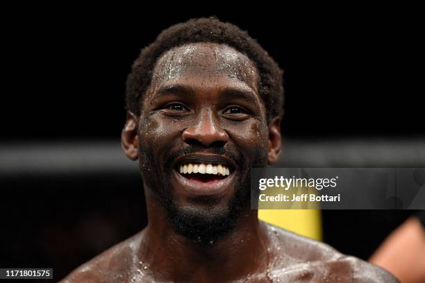 Jared Cannonier celebrates his TKO victory over Jack Hermansson of Sweden in their middleweight bout during the UFC Fight Night event at Royal Arena...