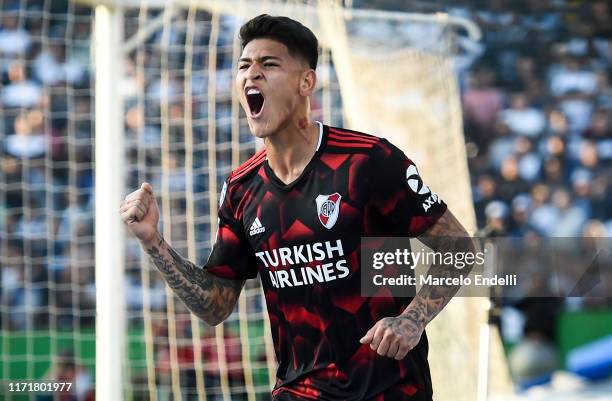 Jorge Carrascal of River Plate celebrates after scoring the first goal of his team during a match between Gimnasia y Esgrima La Plata and River Plate...