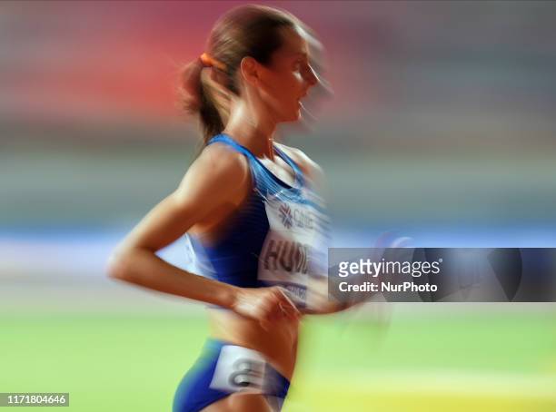 Molly Huddle of United States competing in the 10000 meter for women during the 17th IAAF World Athletics Championships at the Khalifa Stadium in...