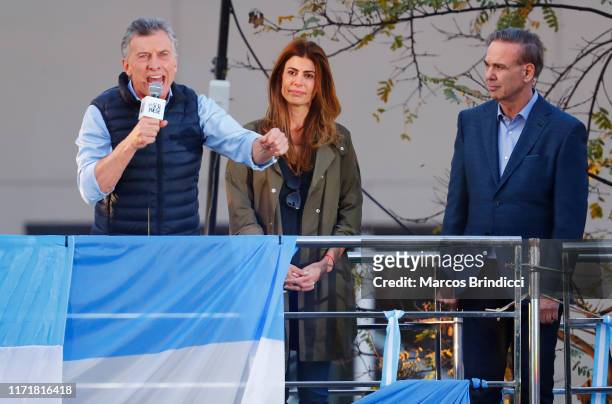 President of Argentina Mauricio Macri delivers a speech to his supporters alongside the First Lady Juliana Awada and his candidate for vice-president...