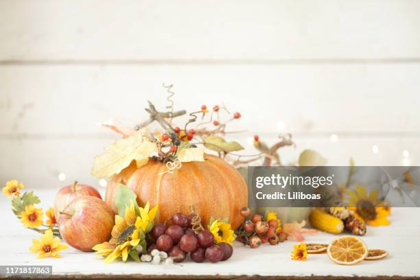 autumn pumpkin background on wood - thanksgiving arrangement stock pictures, royalty-free photos & images