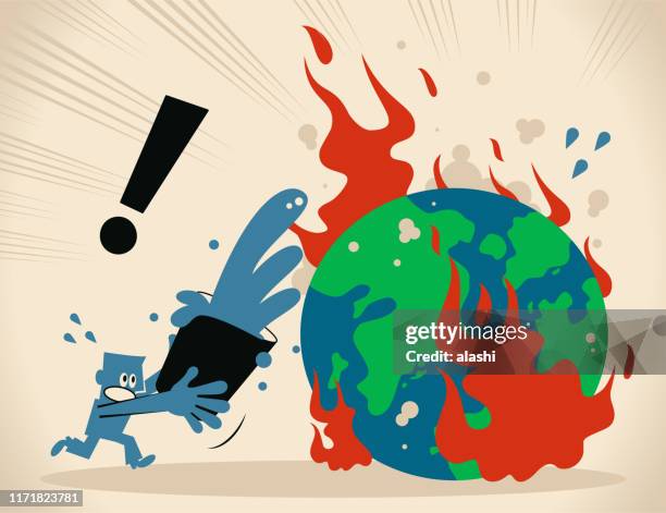 blauer mann gießt eimer wasser, um waldbrand auf der erde zu löschen - helping to brand your world stock-grafiken, -clipart, -cartoons und -symbole