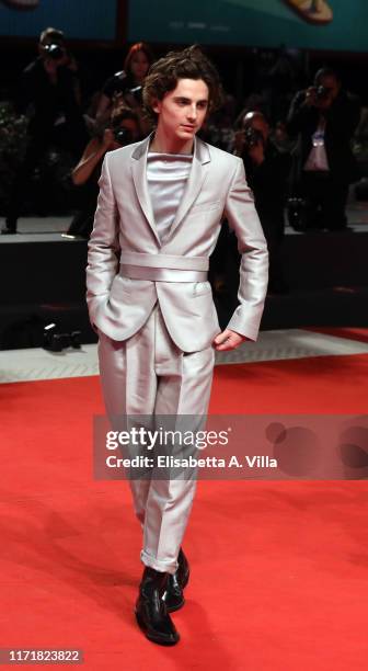 Timothee Chalamet walks the red carpet ahead of the "The King" screening during the 76th Venice Film Festival at Sala Grande on September 02, 2019 in...