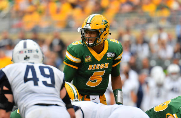 Quarterback Trey Lance of the North Dakota State Bison calls a play during his team's game against the Butler Bulldogs at Target Field on August 31,...
