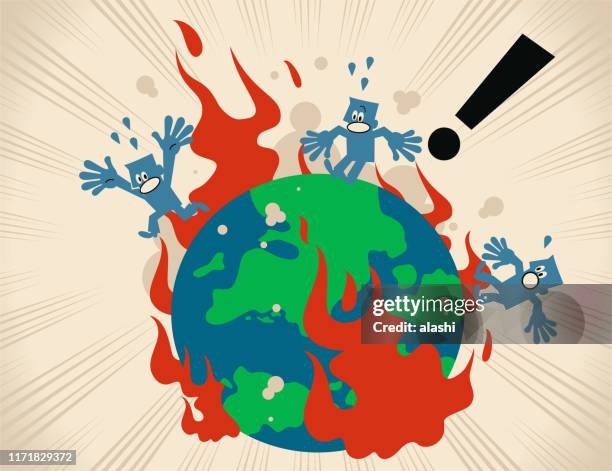 ilustrações de stock, clip art, desenhos animados e ícones de earth on fire and people escaping - apocalypse