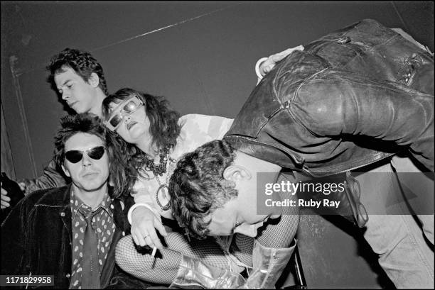 American singer Exene Cervenka and American singer and musican John Doe, of Los Angeles punk band X, Pat 'Rand' Garrett of Dangerhouse Records, and...