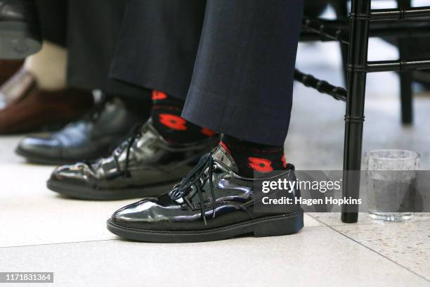 Minister of Defence and Veteran's Affairs, Ron Mark, wears socks with poppy designs during Merchant Navy Day commemorations on September 03, 2019 in...