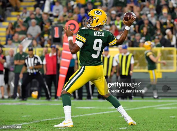 DeShone Kizer of the Green Bay Packers passes the ball against the Kansas City Chiefs during a preseason game at Lambeau Field on August 29, 2019 in...