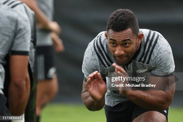 All Blacks Sevu Reece looks to make a tackle during a New Zealand All Blacks training session on September 03, 2019 in Hamilton, New Zealand.