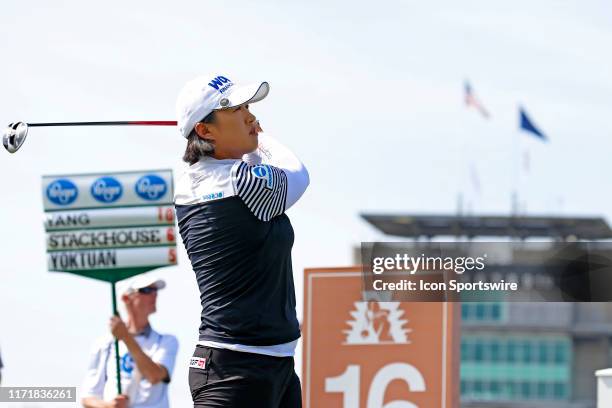 Golfer Amy Yang hits her tee shot on the 16th hole during the third round of the Indy Women In Tech on September 28, 2019 at the Brickyard Crossing...
