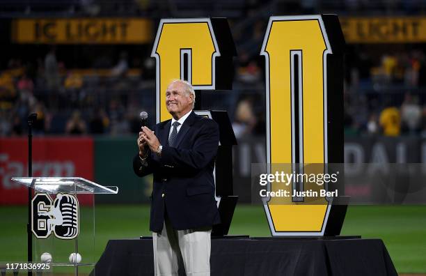 Current Pittsburgh Pirates broadcaster and former player Steve Blass is honored in a pregame ceremony for his retirement after 60 years with the...