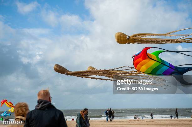 Couple looking at the kites in the sky during festival. The international Kite Festival Scheveningen makes the most of the consistent prevailing...