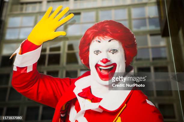Ronald McDonald's sticker is seen in Berlin, Germany on 26th September, 2019.