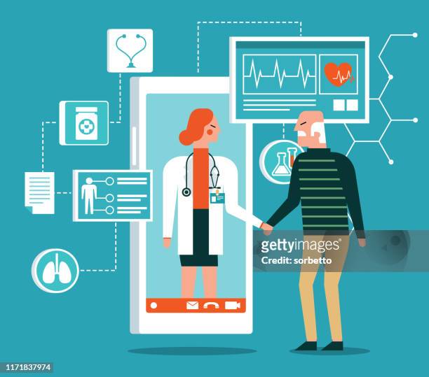 healthcare service - online - old patient - health records stock illustrations