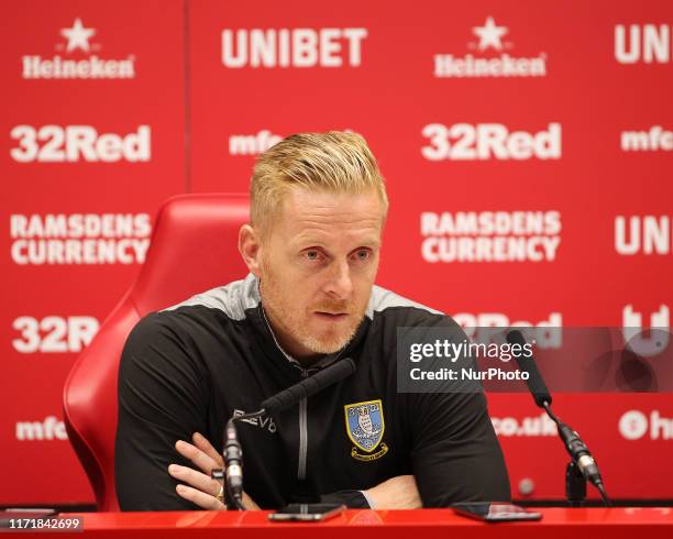 Sheffield Wedensday manager Garry Monk speaks to the press after the Sky Bet Championship match between Middlesbrough and Sheffield Wednesday at the...