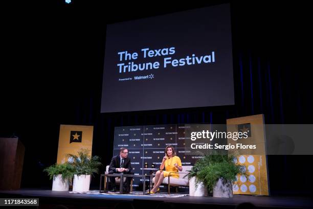 Speaker of the House of Representatives Nancy Pelosi speaks with Texas Tribune CEO Evan Smith during a panel at The Texas Tribune Festival on...