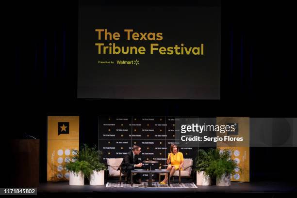 Speaker of the House of Representatives, Nancy Pelosi speaks with Texas Tribune CEO, Evan Smith during a panel at The Texas Tribune Festival on...