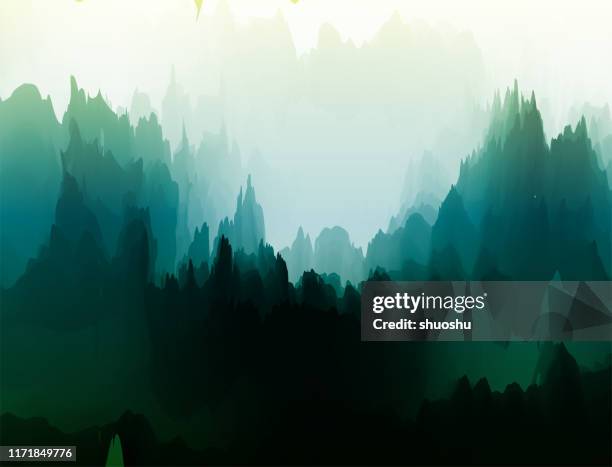 watercolor nature landscape poster for design - chinese artwork stock illustrations