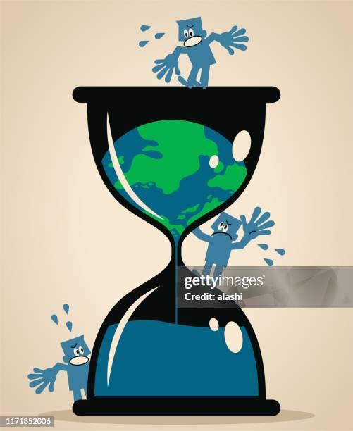 ilustrações de stock, clip art, desenhos animados e ícones de melting earth inside of a hourglass and people are worried and scared - apocalypse