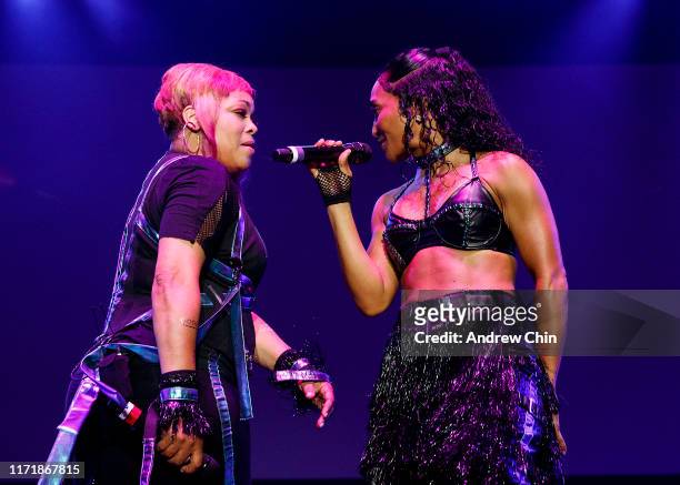 Singers T-Boz and Chilli of TLC perform on stage during Summer Night Concerts at PNE Amphitheatre on September 02, 2019 in Vancouver, Canada.