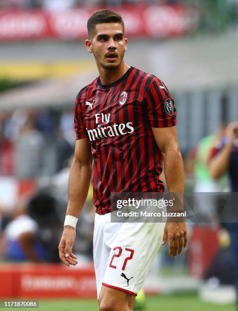 Andre Silva of AC Milan looks on during the Serie A match between AC Milan and Brescia Calcio at Stadio Giuseppe Meazza on September 1, 2019 in...