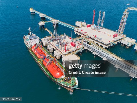 Loading Refinery Aerial View Oil Or Lpg Ship Tanker Load Unload Oil At Loading Dock From ...