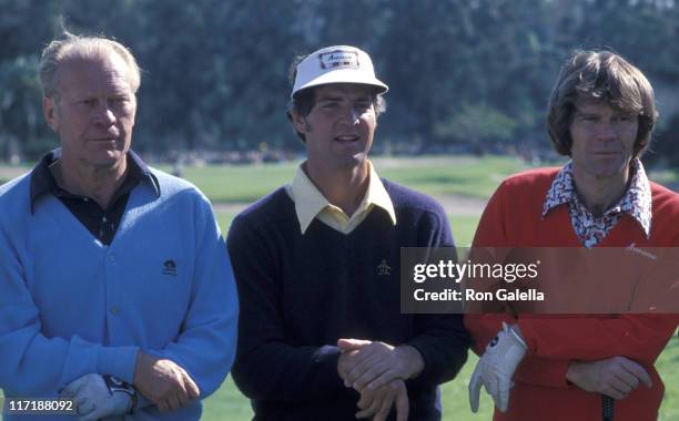 President Gerald Ford and musician Glen Campbell attend Glen Campbell Pro-Am Golf Tournament on February 15, 1978 at the Riviera Country Club in Los...