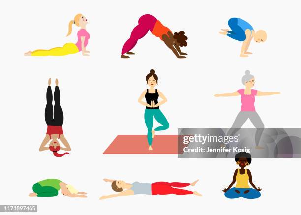 set of yoga pose illustrations with women diversity - sports clothing stock illustrations