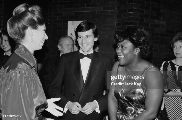 Princess Anne talking with Olympic medalists Sebastian Coe and Tessa Sanderson at the Wembley Conference Centre when she attended a Sports Writers'...