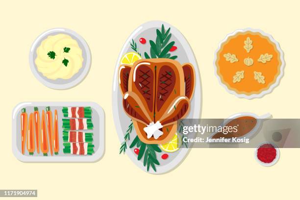thanksgiving dinner illustrations - thanksgiving spread stock illustrations