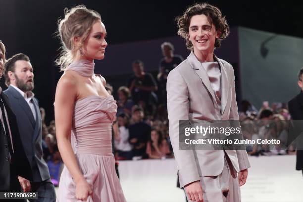 Lily-Rose Depp and Timothee Chalamet attend "The King" red carpet during the 76th Venice Film Festival at Sala Grande on September 02, 2019 in...