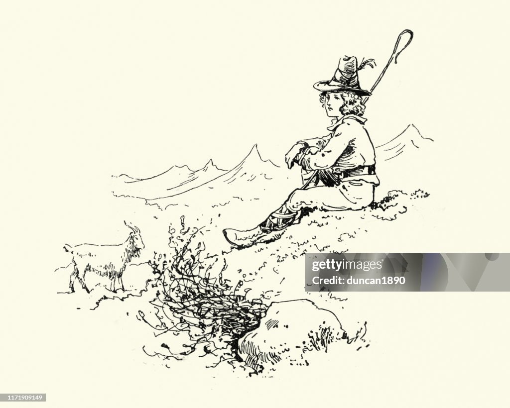 Boy goatherder on a mountain with his goat, 19th Century