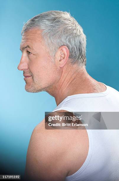 profile grey hair man - man in tank top stock pictures, royalty-free photos & images