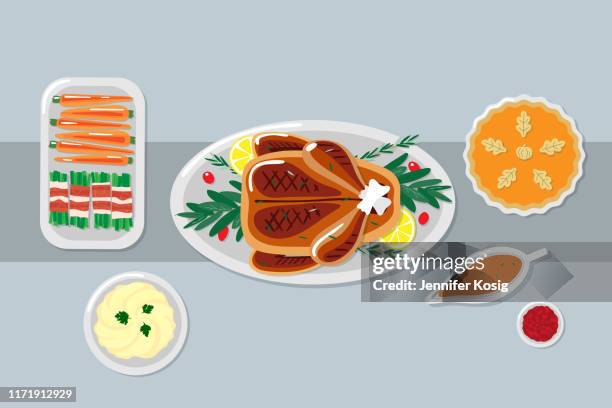 thanksgiving dinner table illustration - thanksgiving spread stock illustrations