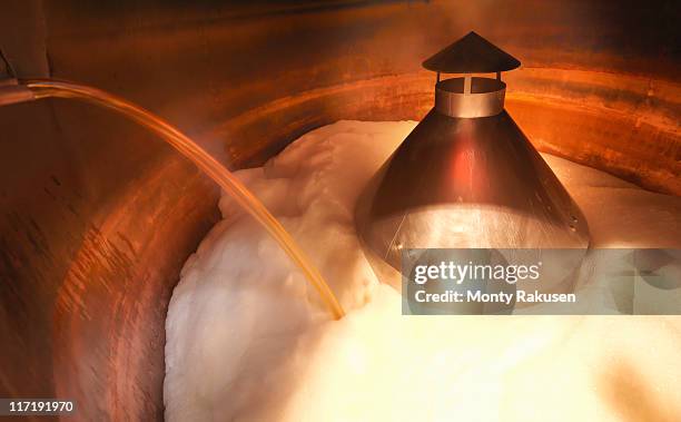 copper in brewery filled with wort - tonel imagens e fotografias de stock