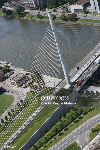 aerial view of a bridge in liege - liege stock pictures, royalty-free photos & images
