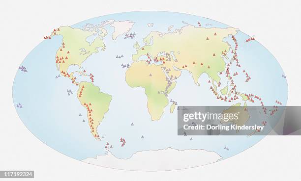 ilustrações, clipart, desenhos animados e ícones de illustration of world map showing sites of volcanic activity - atividade vulcânica