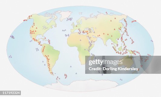 Volcanography Map Illustration Of World Map Showing Sites Of Volcanic Activity High-Res ...