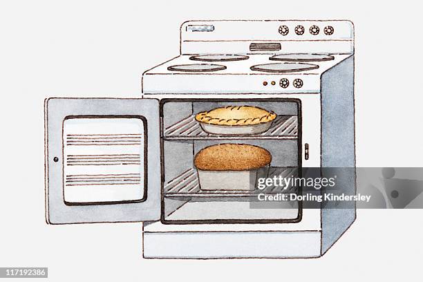 illustration of an oven with its door open, containing a pie and a loaf of bread - oven stock illustrations