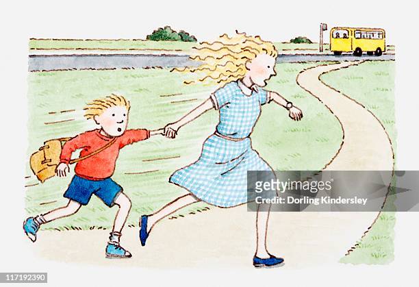 illustration of woman and boy running after school bus - two woman running stock illustrations
