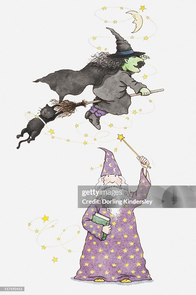 Illustration of wizard, witch on broomstick and black cat hanging onto the end of the broom