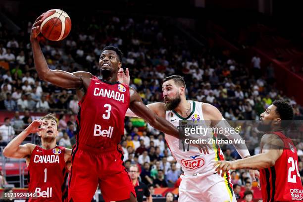 Melvin Ejim of Canada competes for the ball during the 2019 FIBA World Cup, first round match between Lithuania and Canada at Dongguan Basketball...