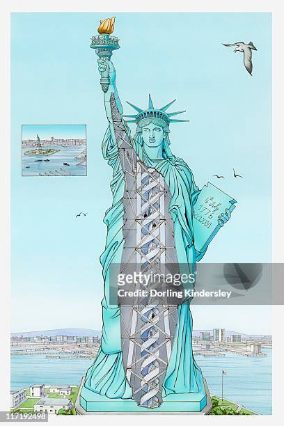 ilustrações, clipart, desenhos animados e ícones de cross section illustration of the statue of liberty which is hollow inside with spiral stairway leading to the crown - escada caracol