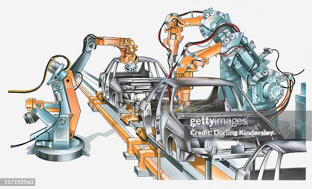 illustration of conveyor belt and machinery in car factory - car plant stock illustrations