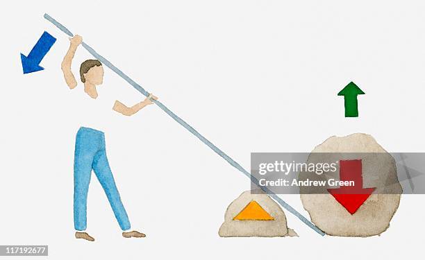 illustration of a person using a crowbar and fulcrum rock to move a large rock, arrows showing the direction of movement and force - lever stock illustrations